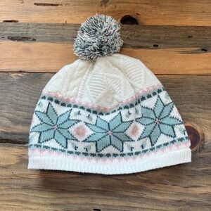 Toddler Winter Beanie Hat White Blue Pink Pom Pom Cable Knit Snowflake‎ M 7/8